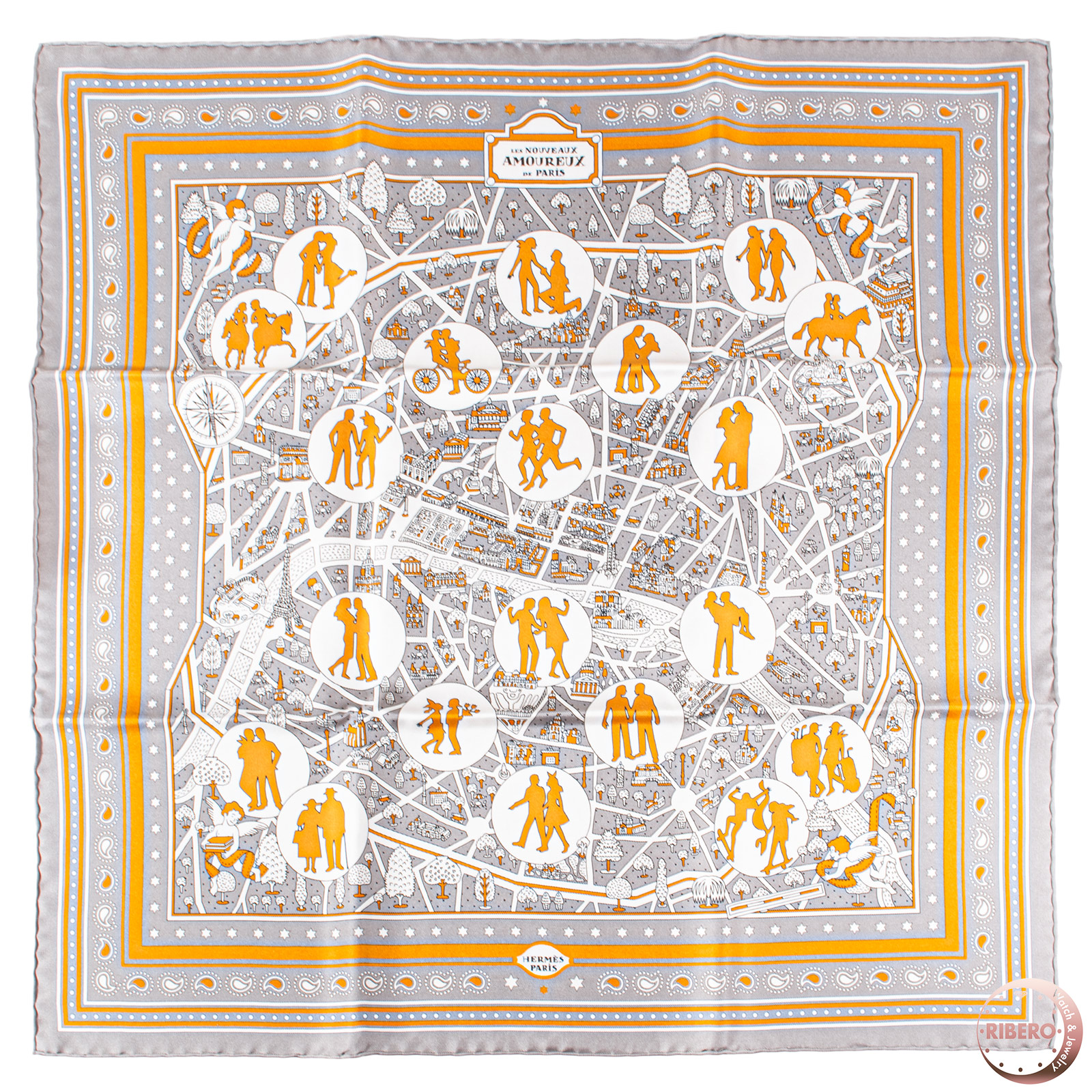 エルメス スカーフ カレ55 Les Nouveaux Amoureux de Paris Bandana 新パリの恋人たち バンダナ