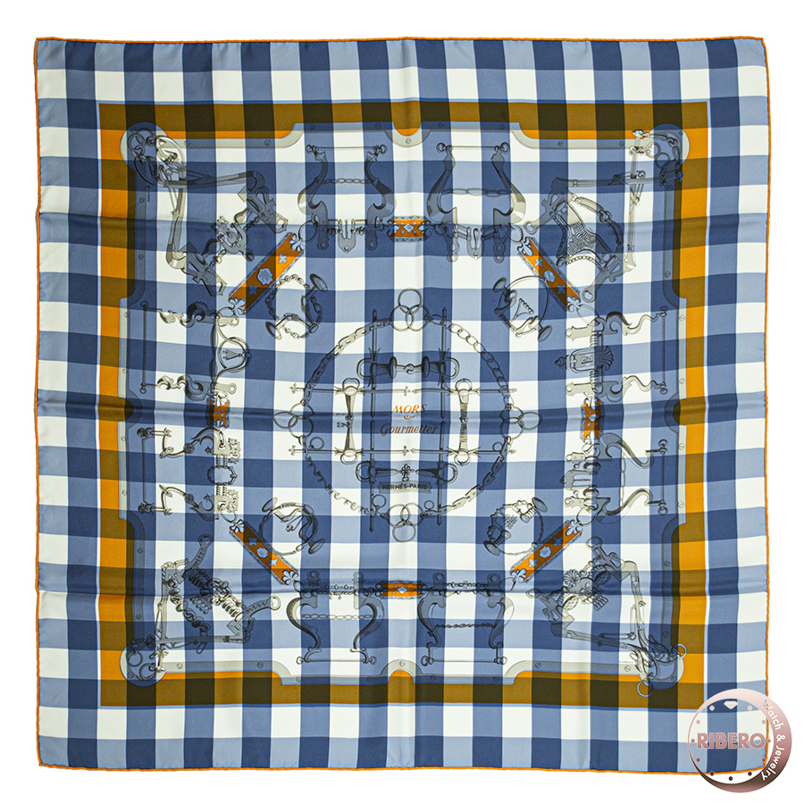 エルメス Mors et Gourmettes Vichy 馬銜と鎖 スカーフ