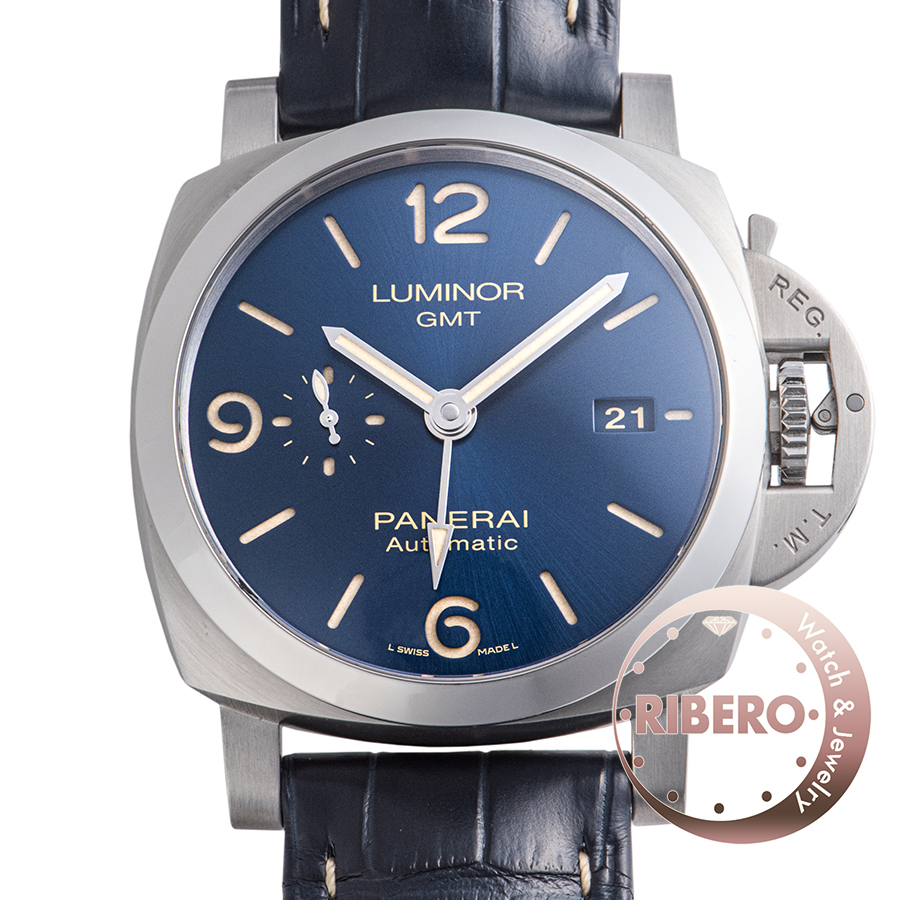 【替えベルト2本付き】OFFICINE PANERAI オフィチーネ パネライ　ルミノール　GMT　44ｍｍ　PAM01033　自動巻き　デイト　スモールセコンド　SS　革ベルト　ラバー　ブルー　ブラック　メンズ　腕時計松前R56号店