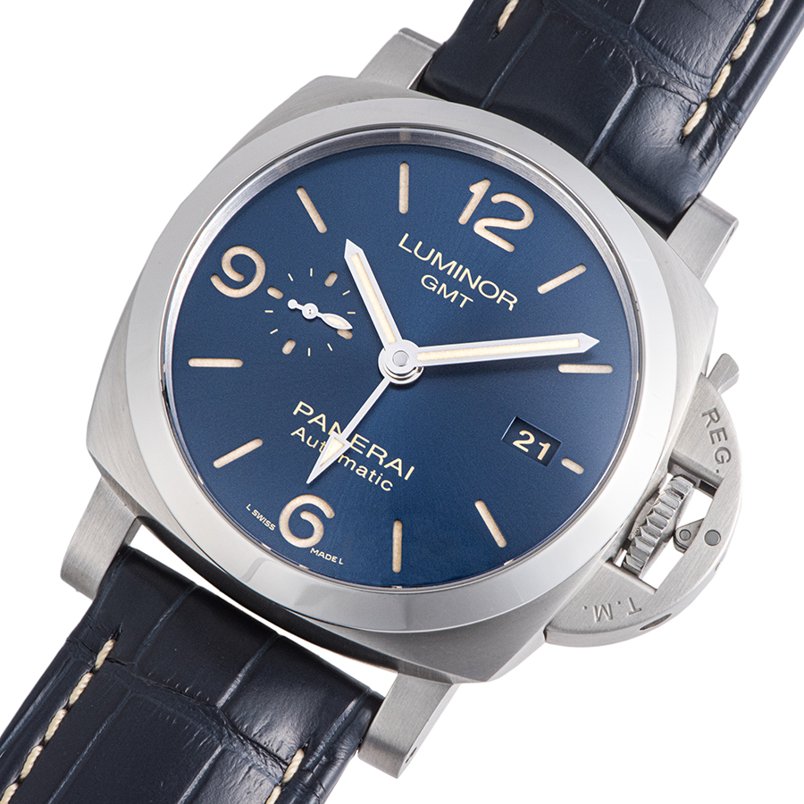 【替えベルト2本付き】OFFICINE PANERAI オフィチーネ パネライ　ルミノール　GMT　44ｍｍ　PAM01033　自動巻き　デイト　スモールセコンド　SS　革ベルト　ラバー　ブルー　ブラック　メンズ　腕時計松前R56号店