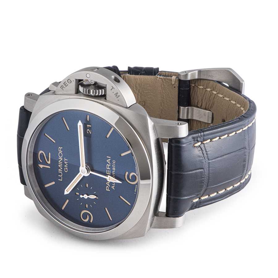 【替えベルト2本付き】OFFICINE PANERAI オフィチーネ パネライ　ルミノール　GMT　44ｍｍ　PAM01033　自動巻き　デイト　スモールセコンド　SS　革ベルト　ラバー　ブルー　ブラック　メンズ　腕時計松前R56号店